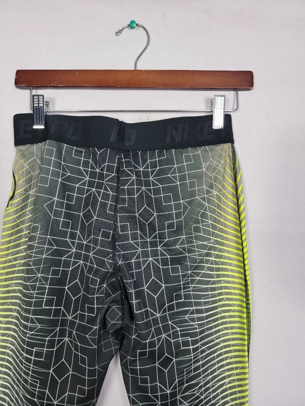 Women's Medium Nike Pro Black & Neon Yellow Geometric Compression Leggings